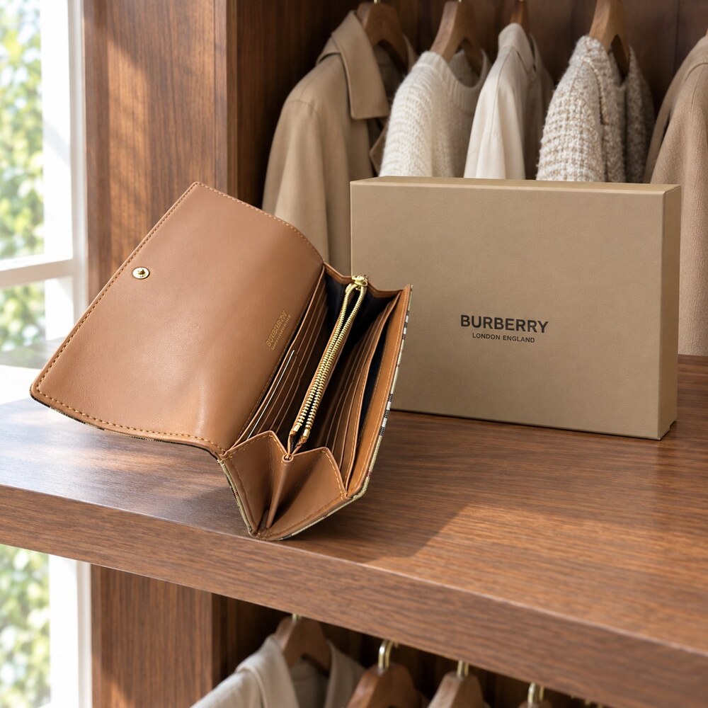 Burberry Vintage Check Long Flap Wallet in Tan Leather - Picture 6 of 6